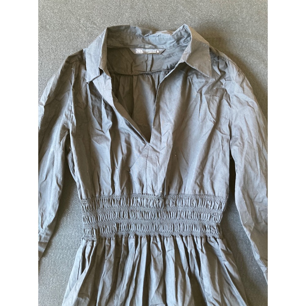 Zara Womens Black Smocked Waist Long Sleeve Cotton Poplin Mini Shirt Dress Small